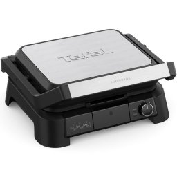 Gratar electric multifunctional Tefal SuperGrill 3 in 1 GC510DE0, 2000W, Placi detasabile, Invelis antiaderent, 3 trepte de temperatura, Functie tip cuptor & barbeque, Suprafata de gatire 600 cm2, Depozitare pe verticala, argintiu si negru