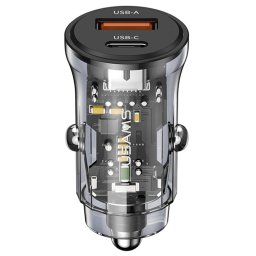 Incarcator Auto Type-C PD30W, USB 18W - USAMS C32 Transparent A+C (US-CC164) - Black
