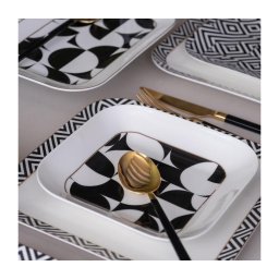 Set veselă 26 piese, porțelan, alb/negru