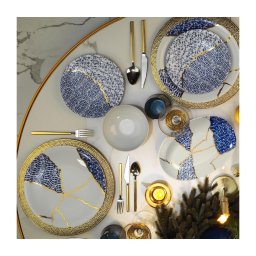Set de veselă, 28 piese, din porțelan, alb/auriu/albastru