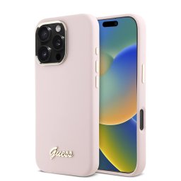 Husa Husa pentru iPhone 16 Pro - Guess Silicone Script Metal Logo & Frame (GUHCP16LSMBSLP) - Pink