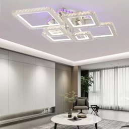 Lustra LED cu telecomanda si cristal NOVA RHOMBA RGB, 178W, 6 Patrate, lumina Rece/Calda/Neutra, Dimabila, Crom Lucios