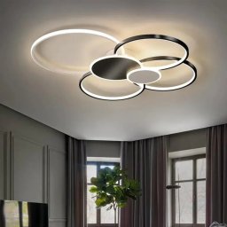 Lustra LED cu telecomanda LACERTA, 74W, 6 Cercuri, lumina Rece/Calda/Neutra, Dimabila, Negru