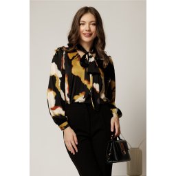 Bluza dama din satin in nuante de negru si maro cu funda la guler