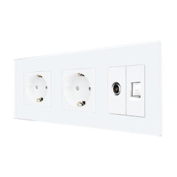 Priza Dubla Schuko + TV + Internet cu Rama Din Sticla LUXION, Alb, LX-2MP010/26/25G-W