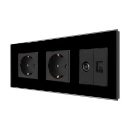 Priza Dubla Schuko + TV + Internet cu Rama Din Sticla LUXION, Negru, LX-2MP010/26/25G-B