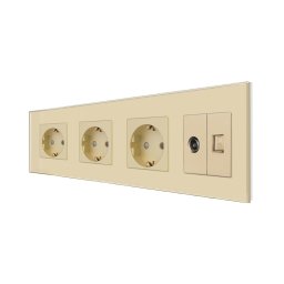 Priza Tripla Schuko + TV + Internet cu Rama Din Sticla LUXION, Auriu, LX-3MP010/26/25G-G