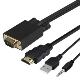 Cablu adaptor convertor VGA tata + audio JACK 3.5 mm tata la HDMI tata 1.8m alimentare prin USB