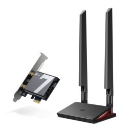 ARCHER TBE550E BE9300 Tri-Band Wi-Fi 7 Bluetooth PCI Express Adapter SPEED: 5760 Mbps at 6 GHz + 2880 Mbps at 5 GHz + 688 Mbps at 2.4 GHz SPEC: 2× High Gain Tri-Band External Antennas, Include High Gain Tri- Band Antennas with Extension Cable & Magnet Ba