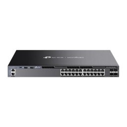 Omada 24-Port Gigabit Stackable L3 Managed Switch with 4 10GE SFP+ Slots PORT: 24× Gigabit RJ45 Ports, 4× 10G SFP+ Slots, RJ45/Type C USB Console Port, Management Port, 2× USB2.0 Ports SPEC: 1U 19-inch Rack-mountable Steel Case FEATURE: Integration with O