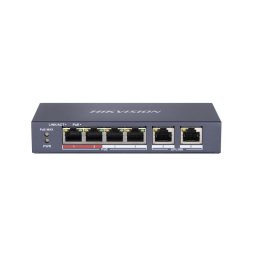 Switch PoE Hikvision DS-3E0106P-E/M(B): 4 x 10/100Mbps PoE port, and 2 × 10/100Mbps RJ45 port, 4 porturi PoE maxim 30W, buget PoE 35W, tensiune alimentare 48 VDC, 0.8 A, dimensiuni: 145 mm × 68.45 mm × 25.6 mm, greutate: 0.27kg, montare pe birou sau pe pe