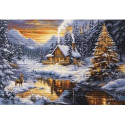 Set goblen de cusut, cu diagrama, Seara de iarna in munti, 32x22 cm