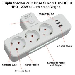 Triplu Stecher Multifunctional cu 2 x Usb QC3.0 - 1PD 20W si Lumina de Veghe