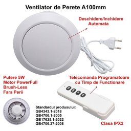 Ventilator Rotund de Baie A100 - 5W cu Clapeta Automata si Telecomanda Programatoare - IPX2