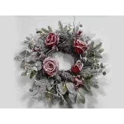 Coronita brad artificial+con+tranfafiri+zapada pentru decoratiuni Craciun
