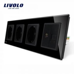 Priza cvadrupla Livolo cu rama din sticla 3 prize simple+TV/internet