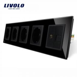 Priza cvintupla + priza TV Internet Livolo cu rama din sticla