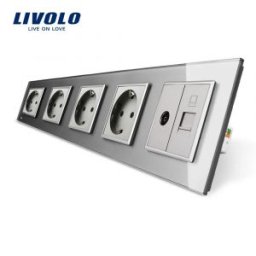 Priza cvintupla + priza TV Internet Livolo cu rama din sticla