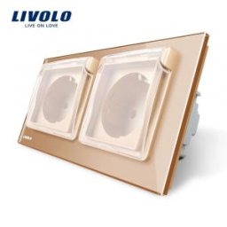 Priza dubla Livolo cu rama din sticla si capac de protectie rezistent la apa