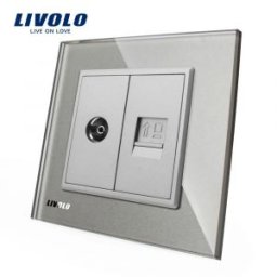 Priza dubla TV + priza internet Livolo cu rama din sticla