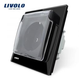 Priza simpla Livolo cu rama din sticla si capac de protectie rezistent la apa