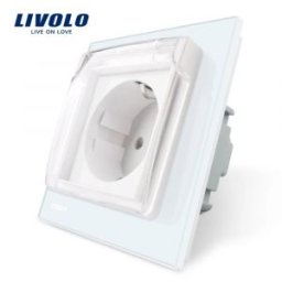 Priza simpla Livolo cu rama din sticla si capac de protectie rezistent la apa
