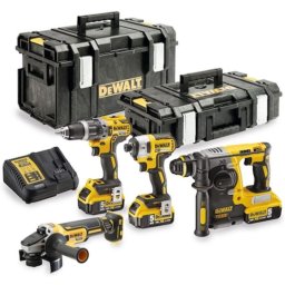 Set 4 scule profesionale pe acumulator DeWALT DCK422P3, 18V, masina de gaurit DCD796, masina de insurubat cu impact DCF887, polizor DCG405, ciocan rotopercutor DCH273, 3 acumulatori 5Ah, incarcator rapid, cutii transport TSTAK