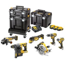 Set 6 scule DeWALT DCK685P3T, 18V XR, brushless, masina de gaurit DCD796, masina de insurubat DCF887, rotopercutor DCH273, polizor unghiular DCG405, fierastrau circular DCS570, multif. oscilant DCS355, 3x acumulator Li-Ion 5 Ah, valize TSTAK