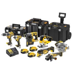 Set 7 scule DeWALT DCK755P3T, 18V XR, brushless, masina de gaurit DCD796, masina de insurubat DCF887, rotopercutor DCH273, polizor unghiular DCG405, fierastrau circular DCS570, oscilant DCS355, pendular DCS334, 3x acumulator 5 Ah, valize TSTAK