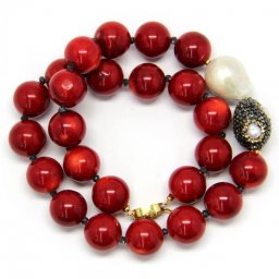Colier din Coral Rosu cu Perla de Cultura si Hematit Rotund - 16 mm - Gold Filled