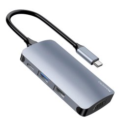 Hub Multiport, USB-C la 4x USB, TF/SD Card, VGA, 5Gbps, 100Mbps, PD100W - Yesido (HB16) - Gray