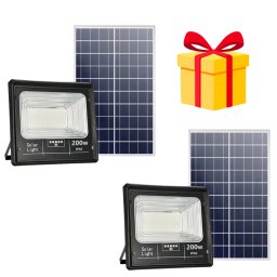 Black Friday - Set 2x Proiector LED Jortan cu panou solar 200w si telecomanda, IP66 + Cadou Surpriza
