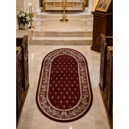 Covor Oval Bisericesc Lotos 15033-210, Marime 250 x 350 cm, Grena, Rosu, Inaltime Fir 8 mm, Antialergic, Polipropilena, Manastire, Biserica, Altar, Naos, Pronaos, Capela, Chilie, Hol, Birou