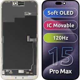 Piese si componente Display cu Touchscreen MP compatibil cu Apple iPhone 15 Pro Max, cu Rama, Versiune Soft OLED FHD 120Hz IC Movable, Negru