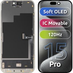Piese si componente Display cu Touchscreen MP compatibil cu Apple iPhone 15 Pro, cu Rama, Versiune Soft OLED FHD 120Hz IC Movable, Negru