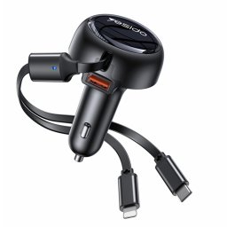 cablu retractabil telescopic Type-C/Lightning incarcare rapida USB-A + USB-C 53W Negru