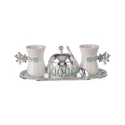 Set De Cafea Sau Ceai Cu Zaharnita Si Tava Din Zinc Argintat Cu Sidef Turcoaz