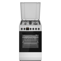 Aragaz mixt Heinner HFSC-S65MIXFD-SL, 4 arzatoare, Aprindere electrica, Suporti fonta, Cuptor electric, Clasa A, 6 functii, Timer, Grill, Lumina cuptor, Sertar inferior vase, 50x60 cm, Argintiu