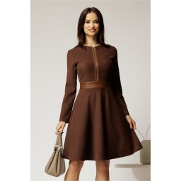 Rochie DY Fashion din stofa velur maro cu fermoar metalic decorativ și inserții din piele
