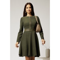Rochie DY Fashion din stofa velur kaki cu fermoar metalic decorativ și inserții din piele
