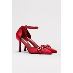 Pantofi eleganti rosii din material satinat cu funda si strasuri