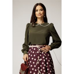 Bluza DY Fashion eleganta din triplu voal kaki cu detalii perlate la guler