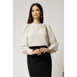 Bluza DY Fashion eleganta din triplu voal ivory cu detalii perlate la guler