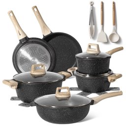 Set oale si tigai Just Perfecto JL-789, 15 piese, Finisaj marmura, Inductie, Accesorii, Negru