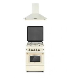 Aragaz Pachet Aragaz Rustic Gaz Si Hota Studio Casa Cremona, Aragaz 50/55 Cm., Cuptor Gaz, 4 Arzatoare Gaz, Aprindere Electrica, Crem