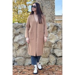 PALTON MIDI CU BUZUNARE DIN TRICOT CU CORDON IN TALIE ROXY CAMEL TALIE UNICA Camel