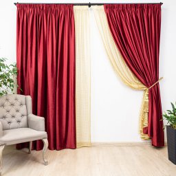 Set 4 piese draperii Hiko Royal Beauty, catifea bordeaux si doua perdele Plasa galben/auriu, cu rejansa