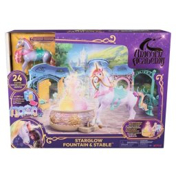 Set de Joacă Unicorn Academy – Starglow Fountain & Grajd cu Wildstar, Lumini, Sunete și 24 Accesorii, Multicolor, 4 ani +