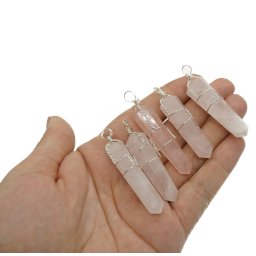 Pandantiv dublu varf lucrat manual cu sarma, cuart roz, 6cm