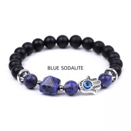 Bratara Feng Shui pe elastic cu Hamsa si ochi protector, onix negru mat si piramida din sodalit, 19cm